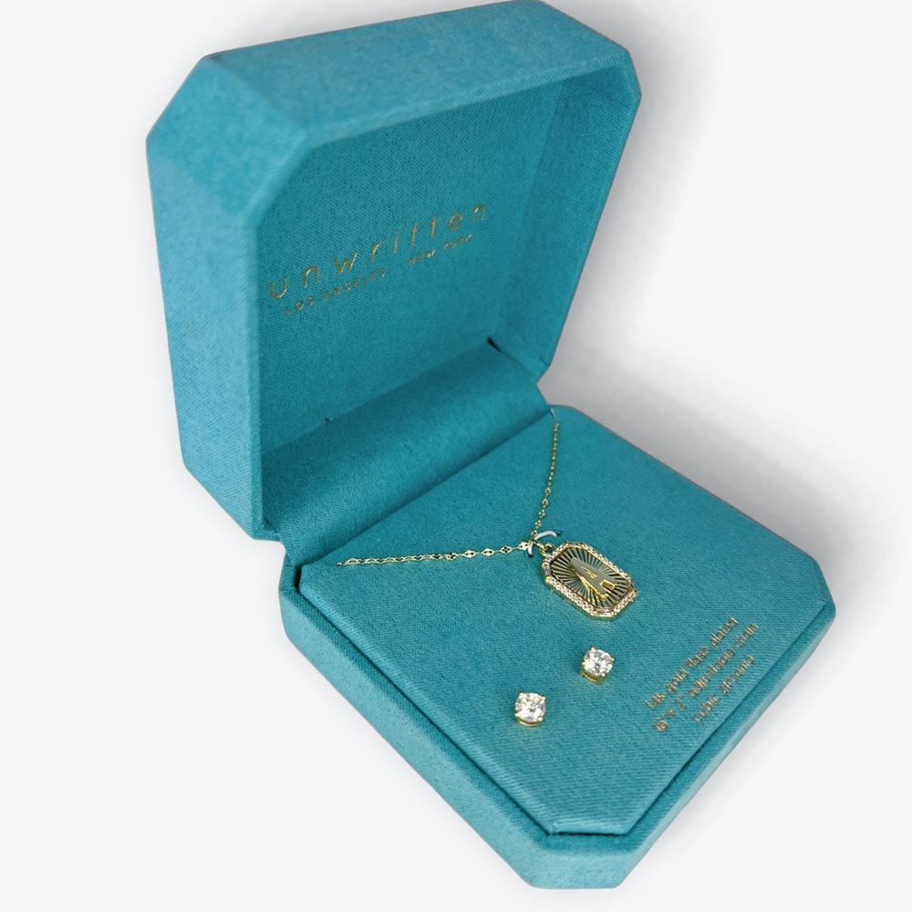NWT Unwritten Gold-Tone Initial “A” Pendant Necklace & CZ Stud Earring Set - Picture 10 of 14